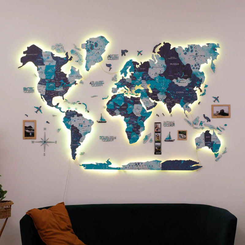 3D LED Wooden World Map Nordik