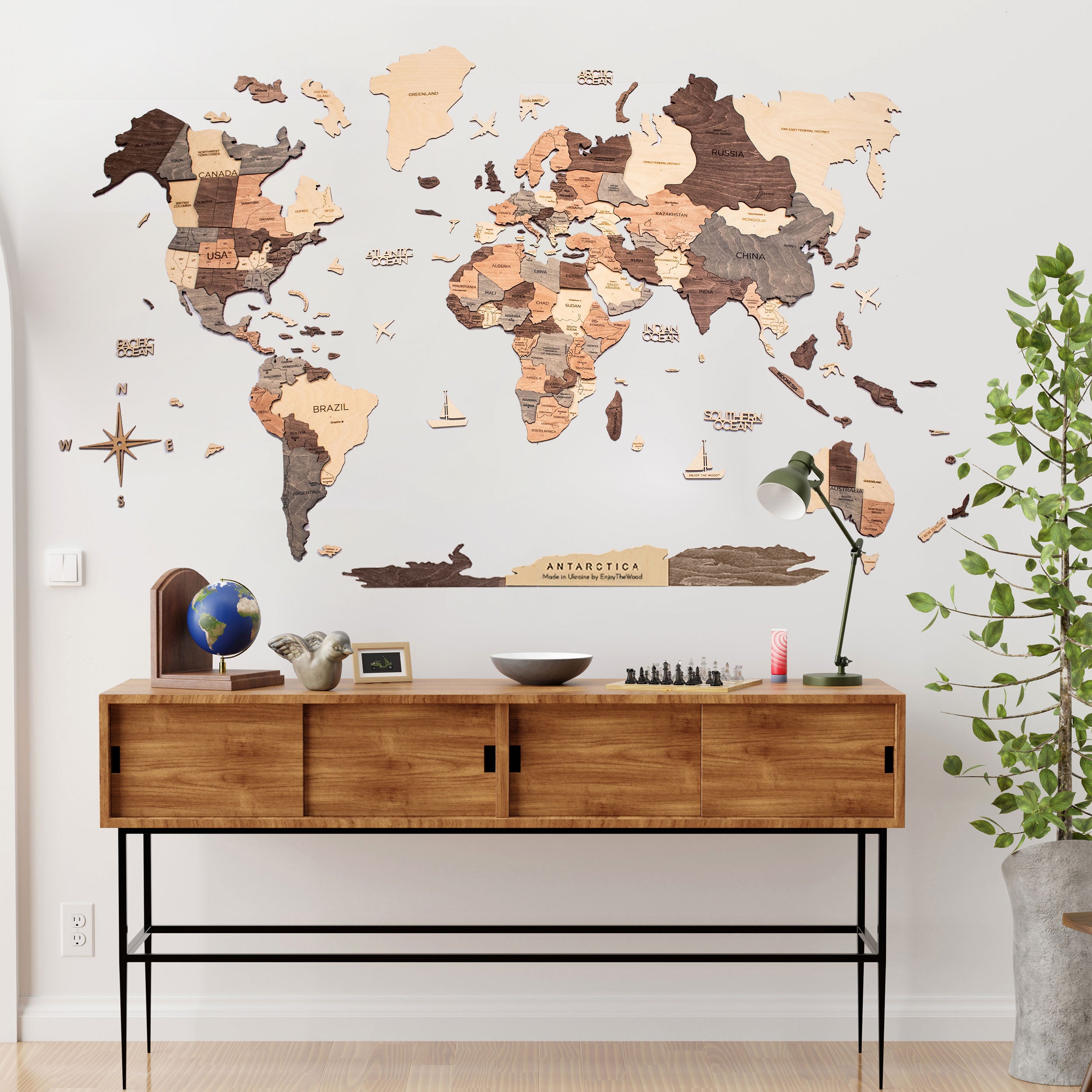 3D Wooden World Map Smokey