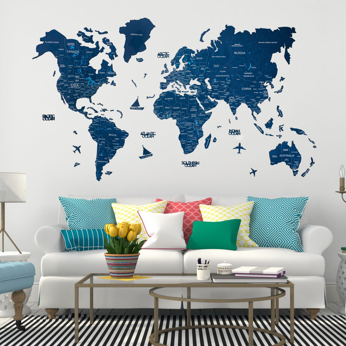 2D Wooden World Map Blue