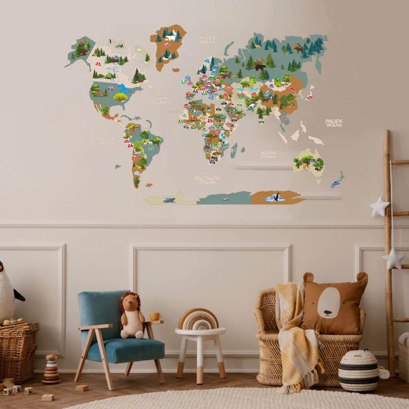 2D Kids Animal World Map Khaki